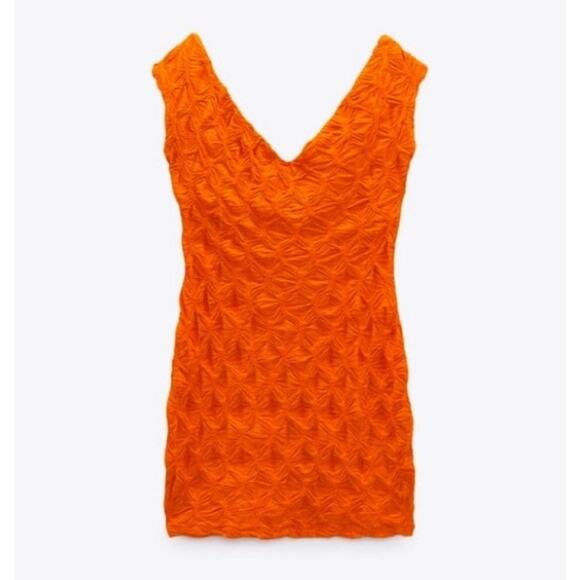 Zara Orange Textured V Neck Mini Dress Size Small - Picture 10 of 10